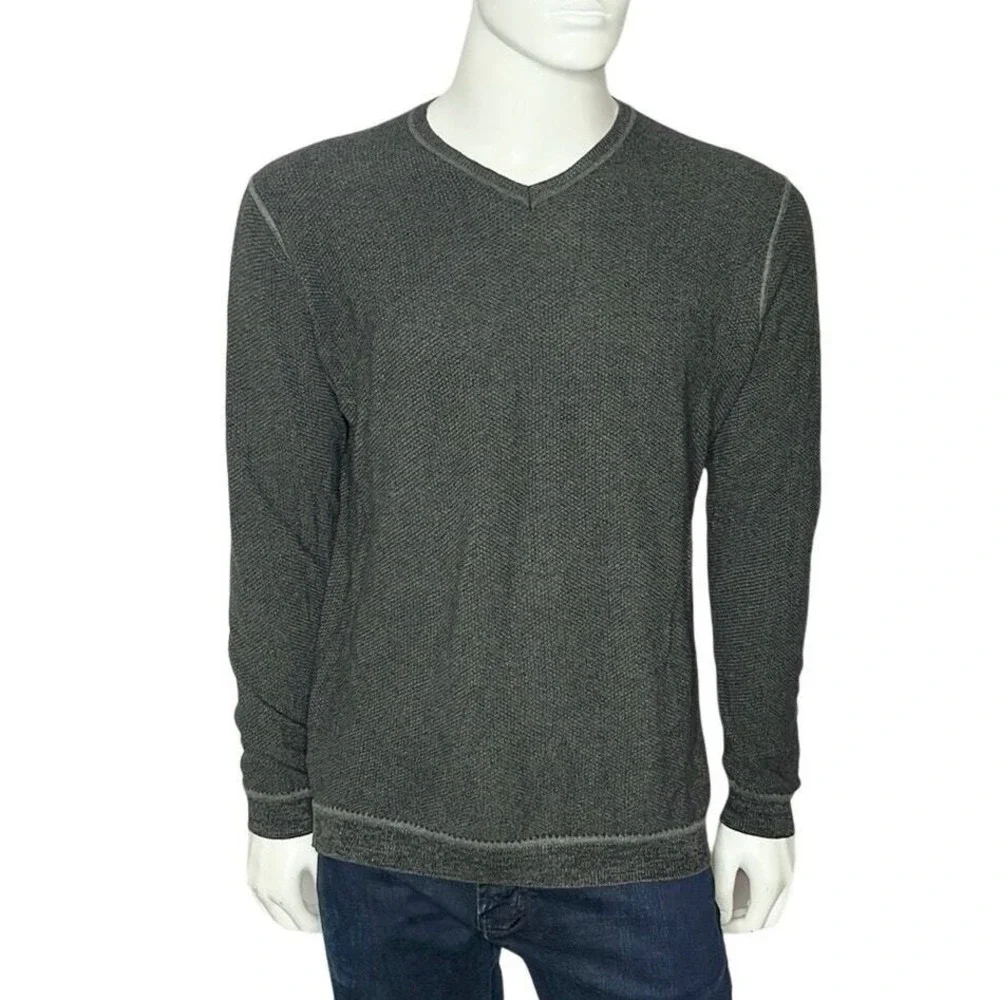 Tommy Bahama Sweater‎ Mens Large Gray Cotton Textured V-Neck Long Sleeve EUC